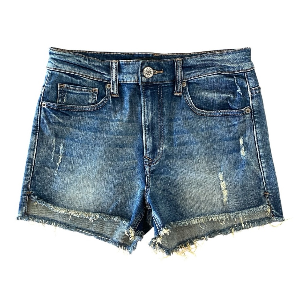Express High-Rise Vented Side Jean Shorts – Medium Blue + Distressed Size 6